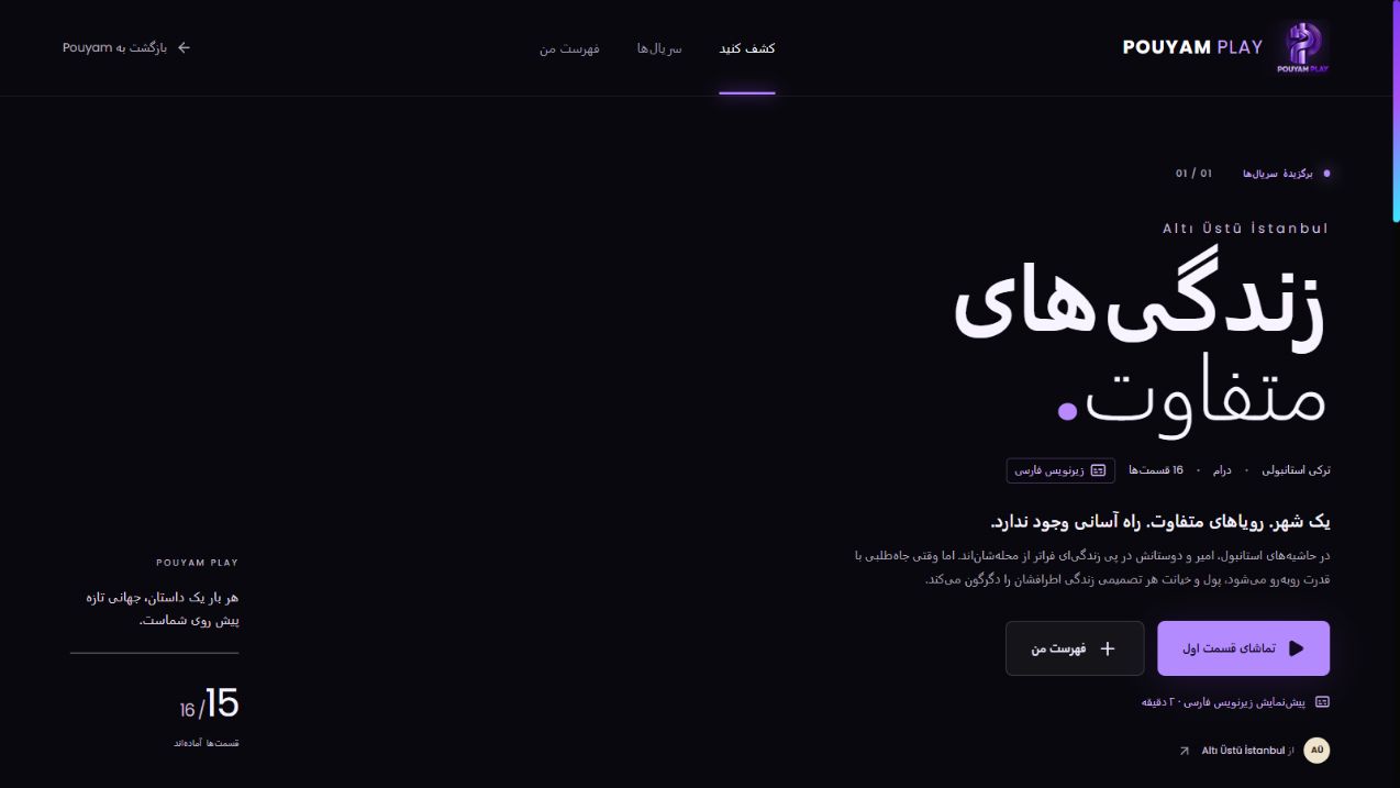 فهرست و معرفی سریال در محیط واقعی Pouyam Play